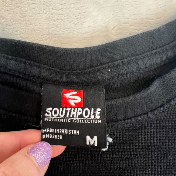 Y2K Southpole Shirt Womens Medium Black Fitted Thermal Waffle Knit Grunge Skater - Picture 4 of 11